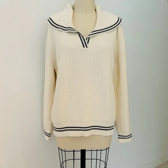 Doen Voyage Sweater NWT Cream Sailor Collar Cotton Wool Blend L - Picture 2 of 10